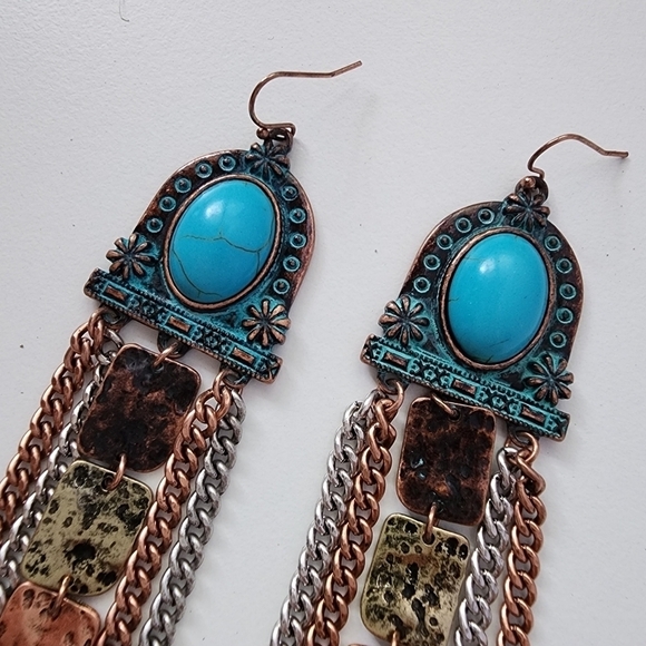 NWT Turquoise Antique Metal Bohemian Western Chain Dangle Earrings - Picture 4 of 7